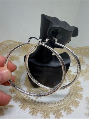 Huge 3” 925 Sterling Silver Wave Pattern Hoop Earrings | Textured Statement